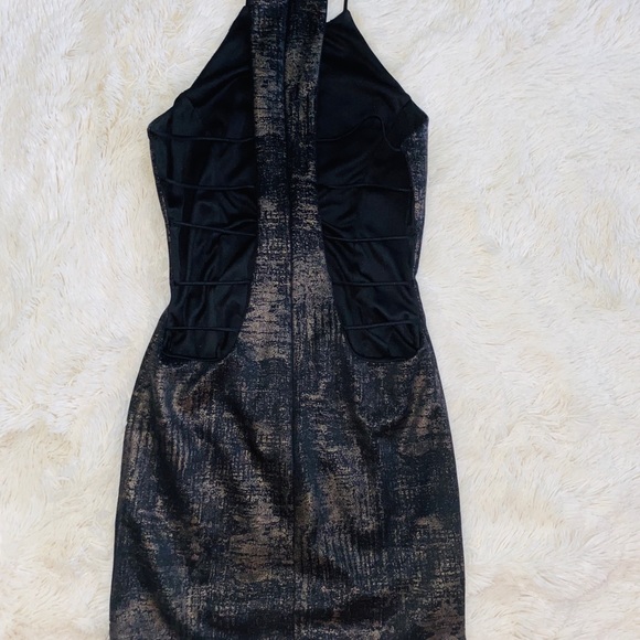 High neck black and gold metallic open back dress - Picture 2 of 2